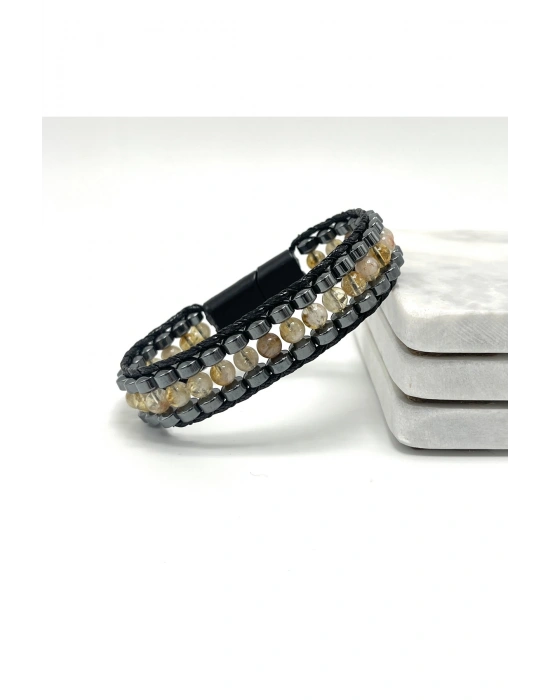 Sertifikalı Sitrin Taşı Erkek Bileklik – Çelik Kilitli, Doğal Taş Tasarım, Şık ve Özgün Aksesuar