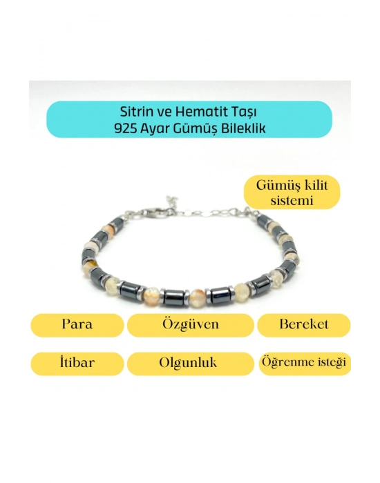 Sertifikalı Sitrin ve Hematit  925 Ayar Doğal Taş Gümüş Bileklik 4mm
