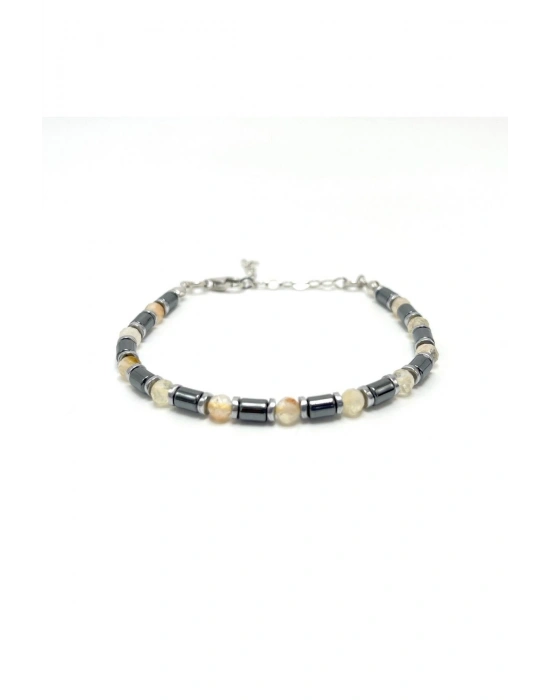 Sertifikalı Sitrin ve Hematit  925 Ayar Doğal Taş Gümüş Bileklik 4mm