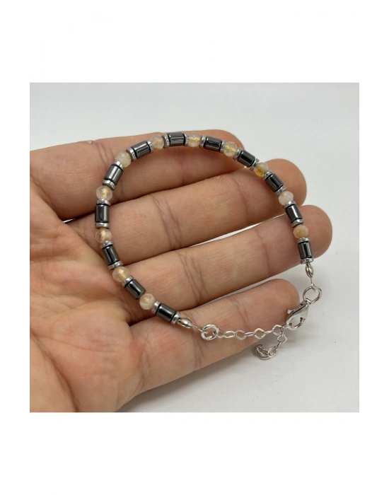 Sertifikalı Sitrin ve Hematit  925 Ayar Doğal Taş Gümüş Bileklik 4mm