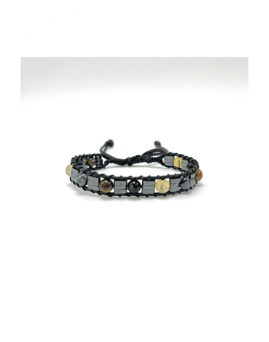 Sertifikalı Siyah Akik - Kaplan Gözü - Sitrin - Obsidyen 6mm Doğal Taş Makrome Bileklik