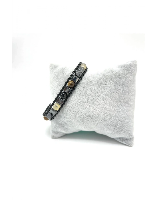 Sertifikalı Siyah Akik - Kaplan Gözü - Sitrin - Obsidyen 6mm Doğal Taş Makrome Bileklik