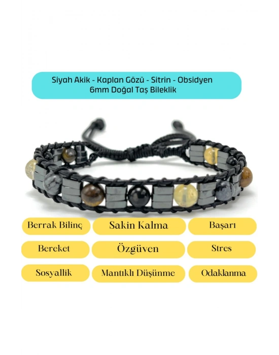 Sertifikalı Siyah Akik - Kaplan Gözü - Sitrin - Obsidyen 6mm Doğal Taş Makrome Bileklik