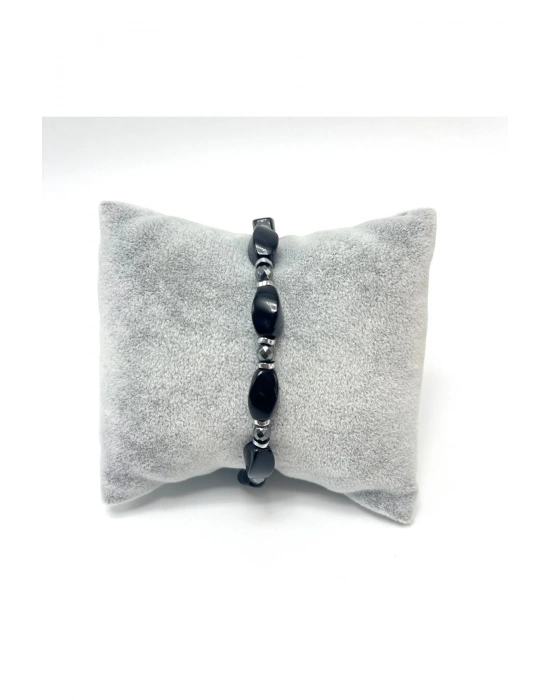 Sertifikalı Siyah Burgu Akik ve Hematit Makrome Doğal Taş Bileklik