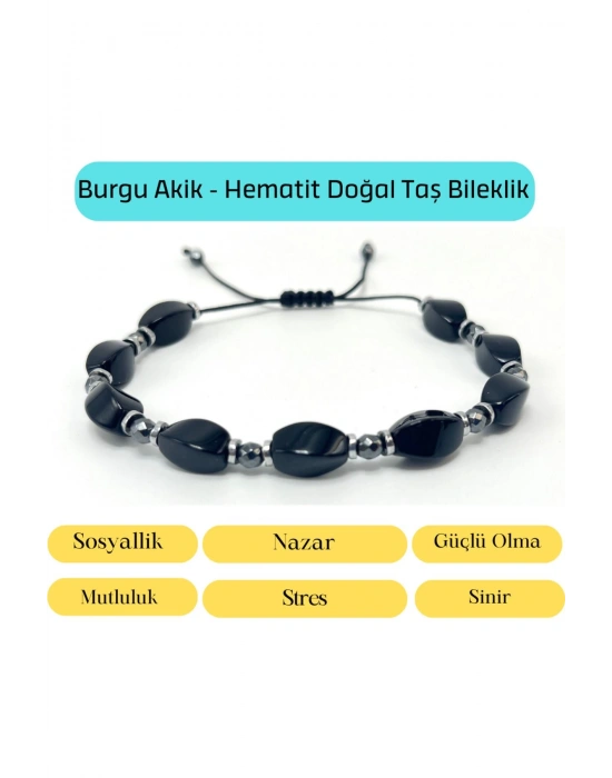Sertifikalı Siyah Burgu Akik ve Hematit Makrome Doğal Taş Bileklik