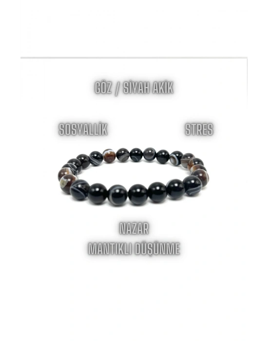 Sertifikalı Siyah Göz Akik 8mm Elastik Misinalı Doğal Taş Bileklik