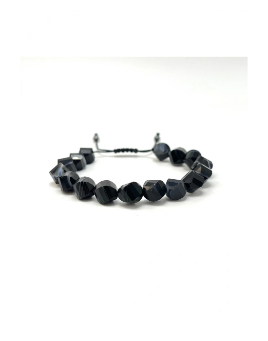 SERTİFİKALI Siyah Göz Akik Hexonal Kesim Makrome Doğal Taş Bileklik 8mm