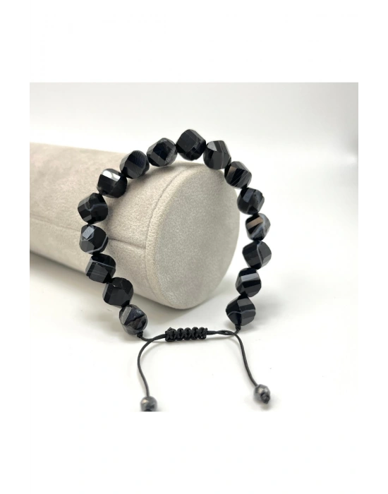 SERTİFİKALI Siyah Göz Akik Hexonal Kesim Makrome Doğal Taş Bileklik 8mm