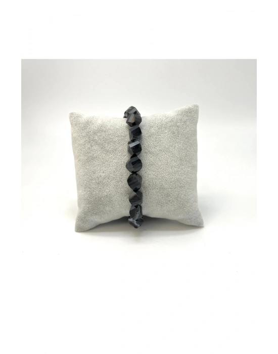 SERTİFİKALI Siyah Göz Akik Hexonal Kesim Makrome Doğal Taş Bileklik 8mm