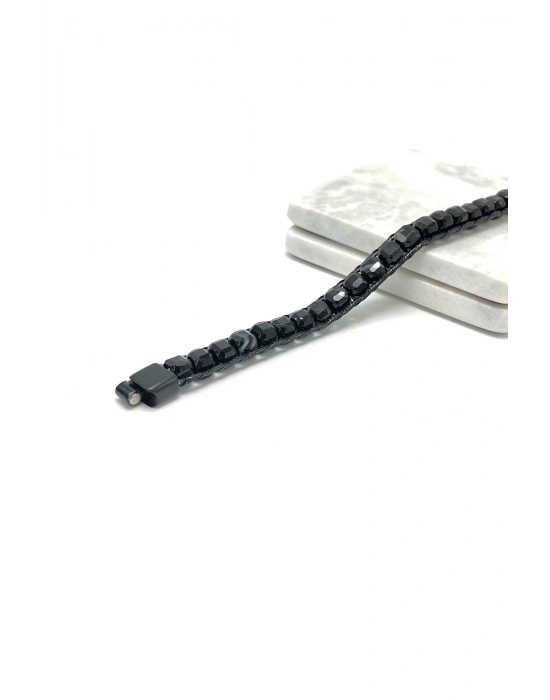 SERTİFİKALI Siyah Göz Akik Küp Kesim Kilitli Doğal Taş Bileklik 8 mm