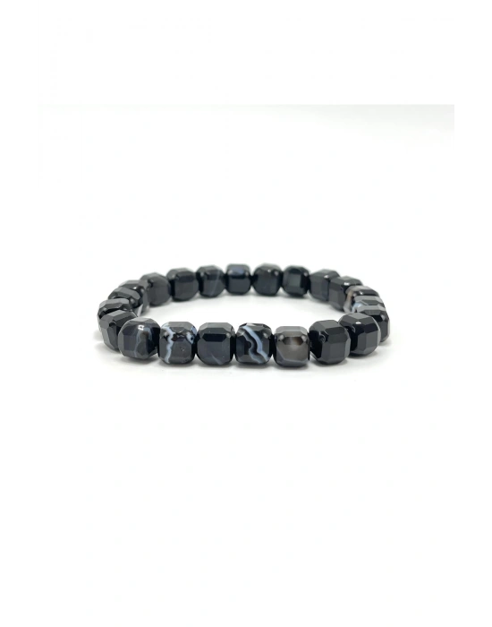 SERTİFİKALI Siyah Göz Akik Küp Kesim Lastikli Doğal Taş Bileklik 8 mm