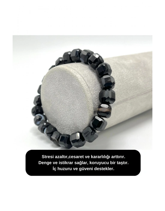 SERTİFİKALI Siyah Göz Akik Küp Kesim Lastikli Doğal Taş Bileklik 8 mm