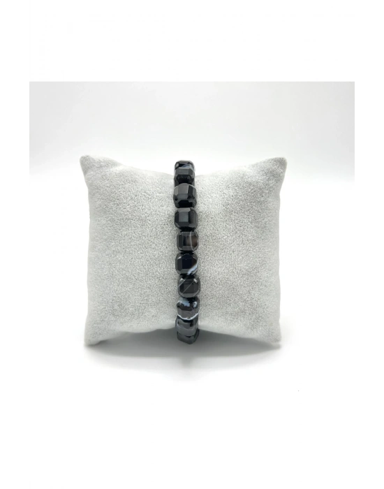 SERTİFİKALI Siyah Göz Akik Küp Kesim Lastikli Doğal Taş Bileklik 8 mm