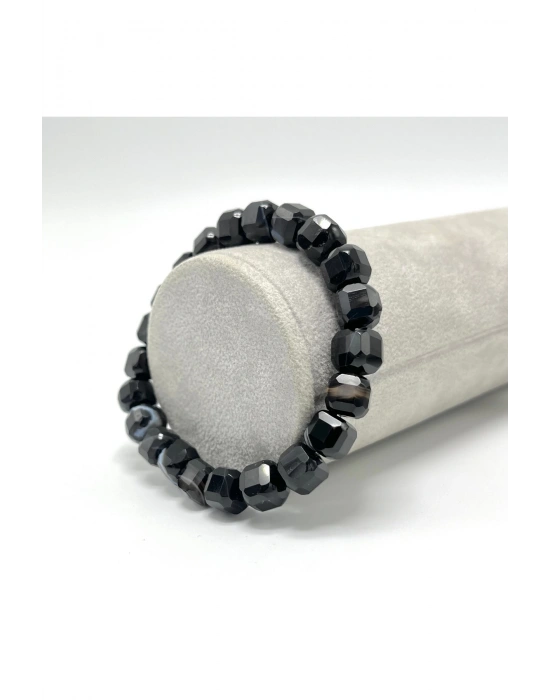 SERTİFİKALI Siyah Göz Akik Küp Kesim Lastikli Doğal Taş Bileklik 8 mm