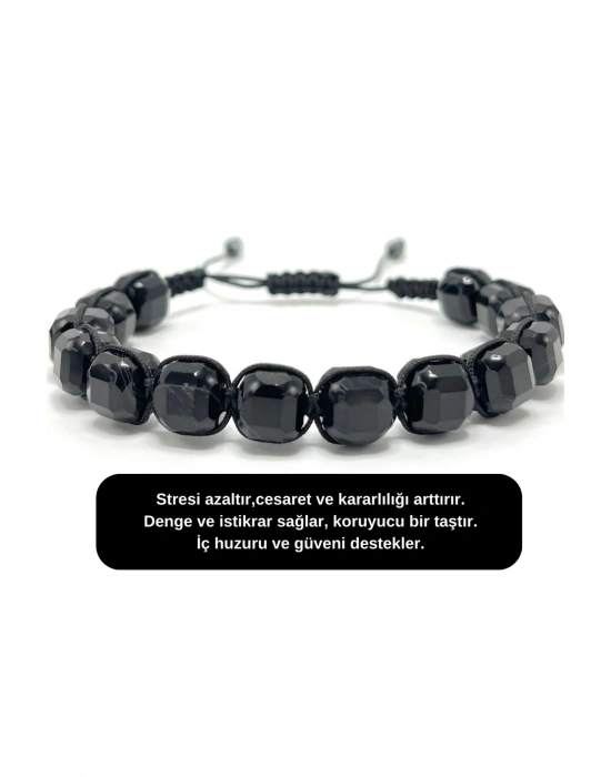 SERTİFİKALI Siyah Göz Akik Küp Kesim Makrome Doğal Taş Bileklik 8 mm