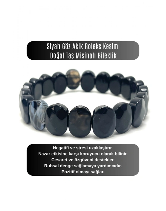 SERTİFİKALI Siyah Göz Akik Roleks Kesim Doğal Taş Misinalı Bileklik