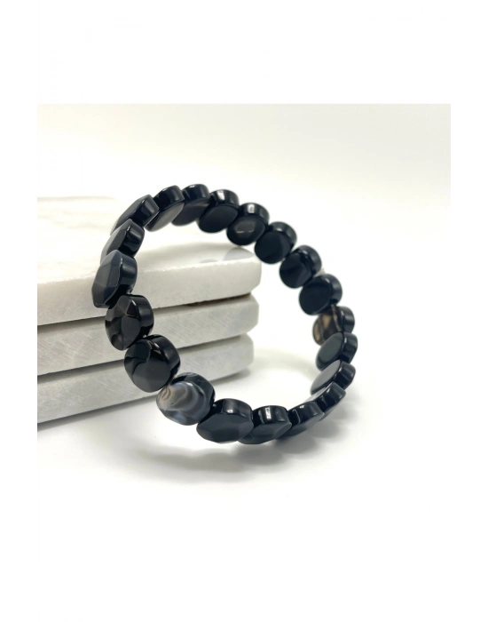 SERTİFİKALI Siyah Göz Akik Roleks Kesim Doğal Taş Misinalı Bileklik