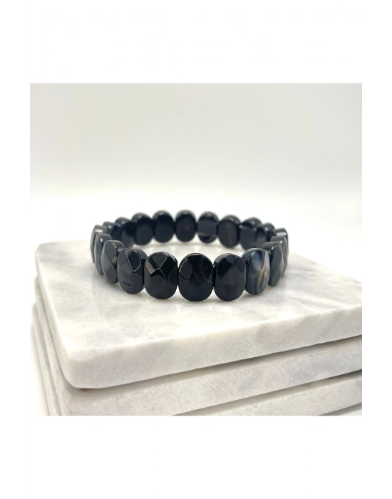 SERTİFİKALI Siyah Göz Akik Roleks Kesim Doğal Taş Misinalı Bileklik