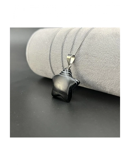 Sertifikalı Siyah Göz Akik Yıldız Model Doğal Taş Kolye (KARARMAMA GARANTİLİ)