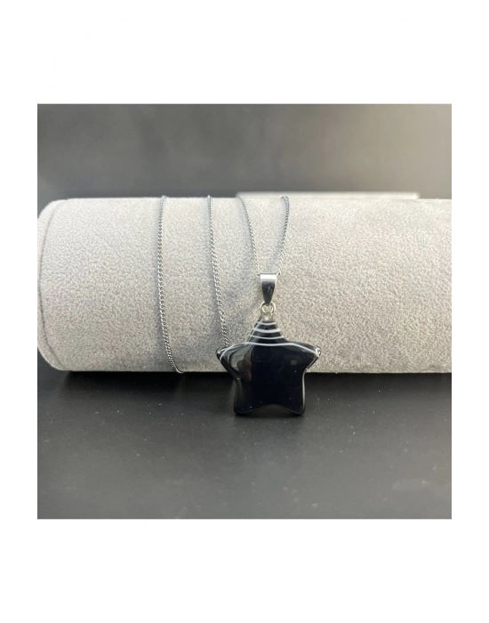 Sertifikalı Siyah Göz Akik Yıldız Model Doğal Taş Kolye (KARARMAMA GARANTİLİ)