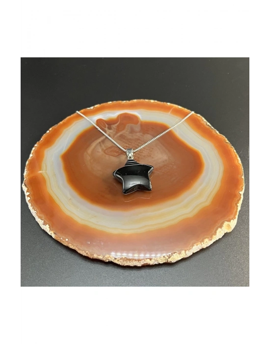 Sertifikalı Siyah Göz Akik Yıldız Model Doğal Taş Kolye (KARARMAMA GARANTİLİ)