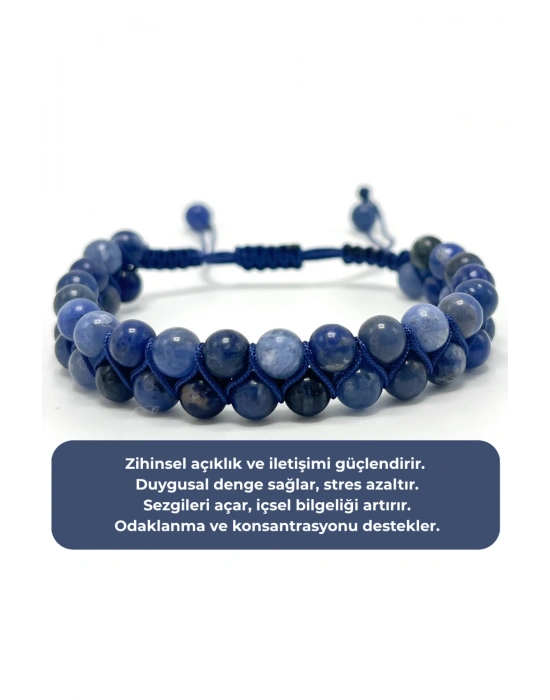 SERTİFİKALI Sodalit Çift Sıra Doğal Taş Makrome Bileklik Ayarlanabilir Ölçü