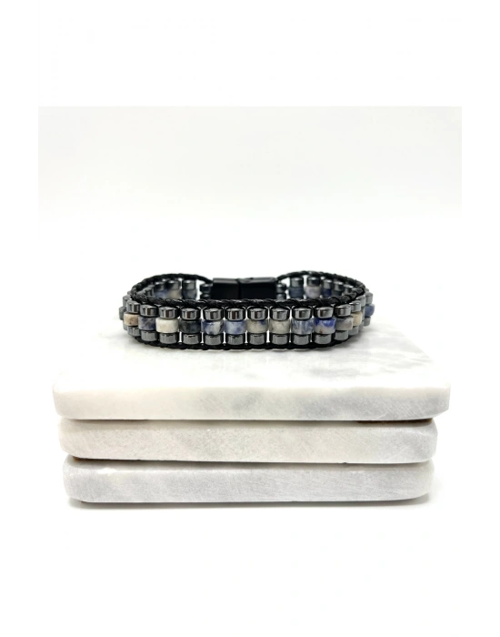 Sertifikalı Sodalit Disk Model Doğal Taş Erkek Bileklik Kilitli Kapama