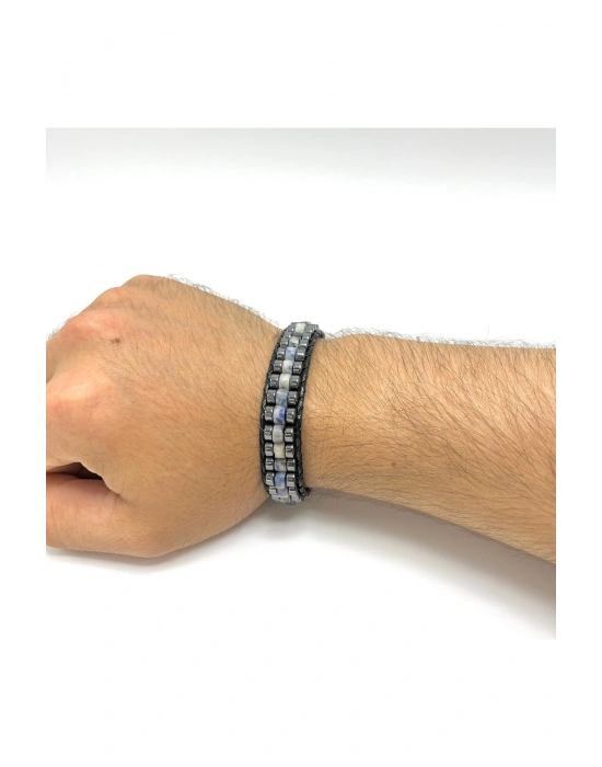 Sertifikalı Sodalit Disk Model Doğal Taş Erkek Bileklik Kilitli Kapama