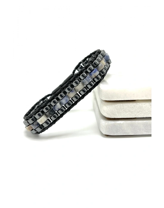 Sertifikalı Sodalit Disk Model Doğal Taş Erkek Bileklik Kilitli Kapama