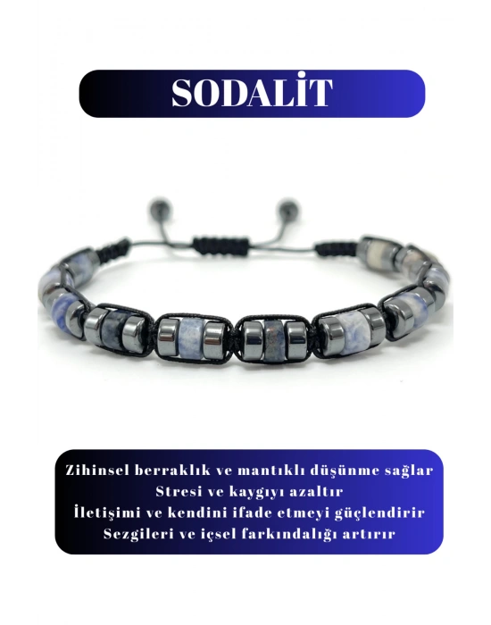 Sertifikalı Sodalit Disk Model Doğal Taş Makrome Bileklik Ayarlanabilir Ölçü
