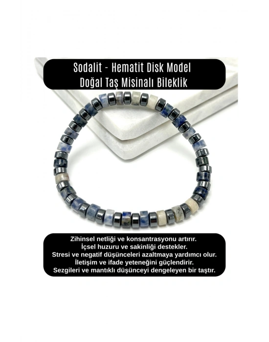 SERTİFİKALI Sodalit - Hematit Disk Model Doğal Taş Misinalı Bileklik