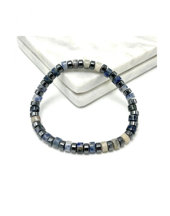 SERTİFİKALI Sodalit - Hematit Disk Model Doğal Taş Misinalı Bileklik