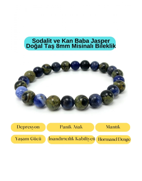 Sertifikalı Sodalit ve Kan Baba Jasper Doğal Taş Misinalı Bileklik 8mm