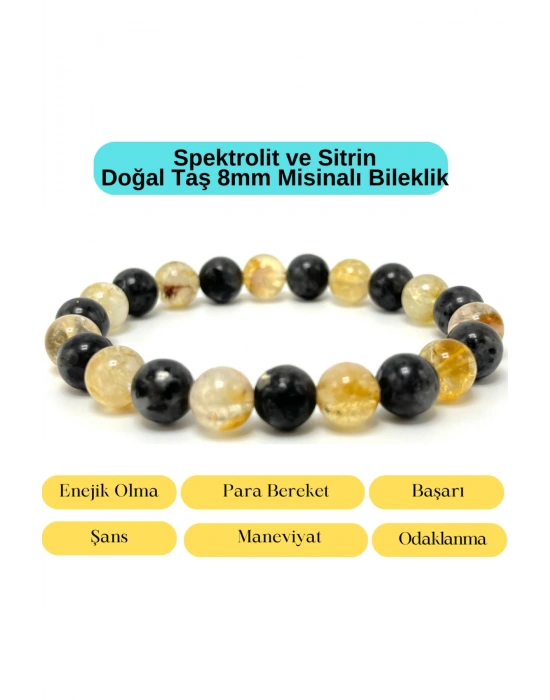 Sertifikalı Spektorit ve Sitrin Doğal Taş Misinalı Bileklik 8mm