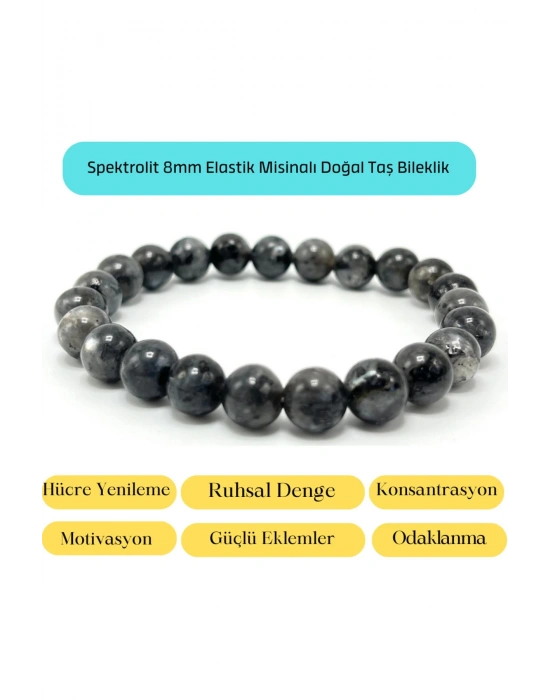 Sertifikalı Spektrolit 8mm Elastik Misinalı Doğal Taş Bileklik