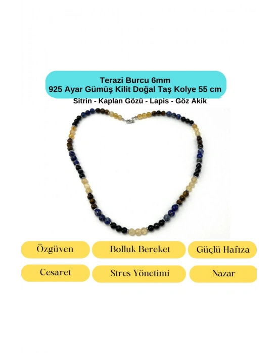 SERTİFİKALI Terazi Burcu 6mm 925 Ayar Gümüş Doğal Taş Kolye 55 cm