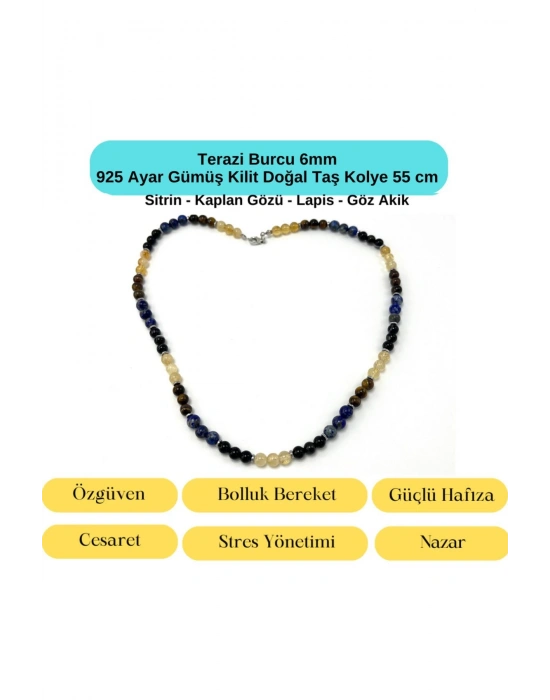 SERTİFİKALI Terazi Burcu 6mm 925 Ayar Gümüş Doğal Taş Kolye 55 cm