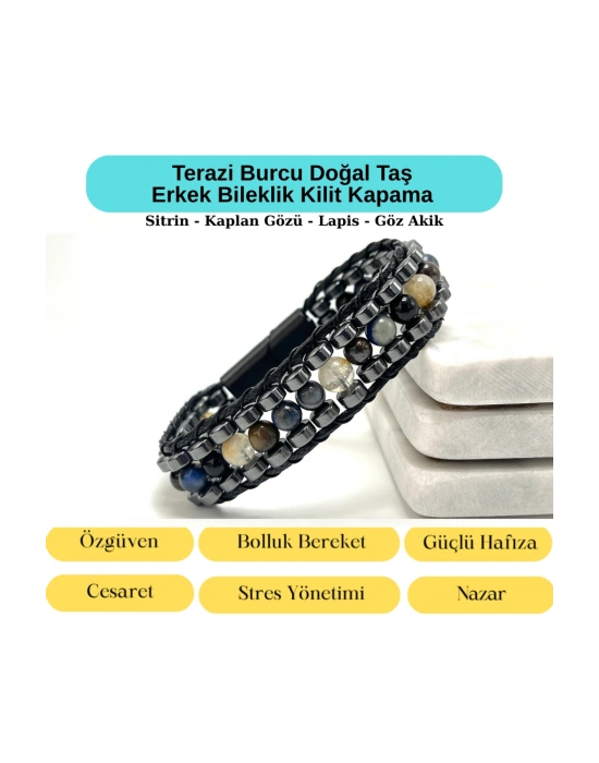 SERTİFİKALI Terazi Burcu Disk Model Doğal Taş Erkek Bileklik Mıknatıslı Kilit