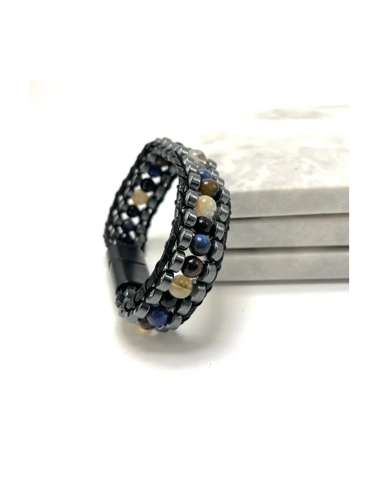 SERTİFİKALI Terazi Burcu Disk Model Doğal Taş Erkek Bileklik Mıknatıslı Kilit