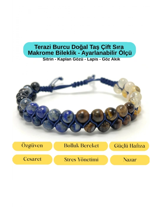 SERTİFİKALI Terazi Burcu Doğal Taş Çift Sıra Makrome Bileklik