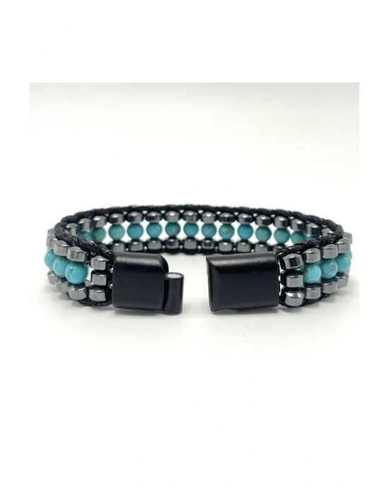 Sertifikalı Turkuaz ( Firuze ) Taşı Erkek Bileklik – Çelik Kilitli, Doğal Taş Tasarım, Şık ve Özgün