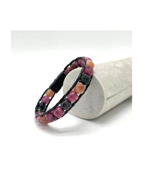SERTİFİKALI Turmalin Küp Kesim Kilitli Doğal Taş Bileklik 8 mm