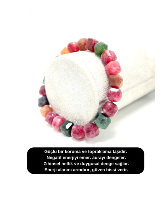 SERTİFİKALI Turmalin Küp Kesim Lastikli Doğal Taş Bileklik 8 mm