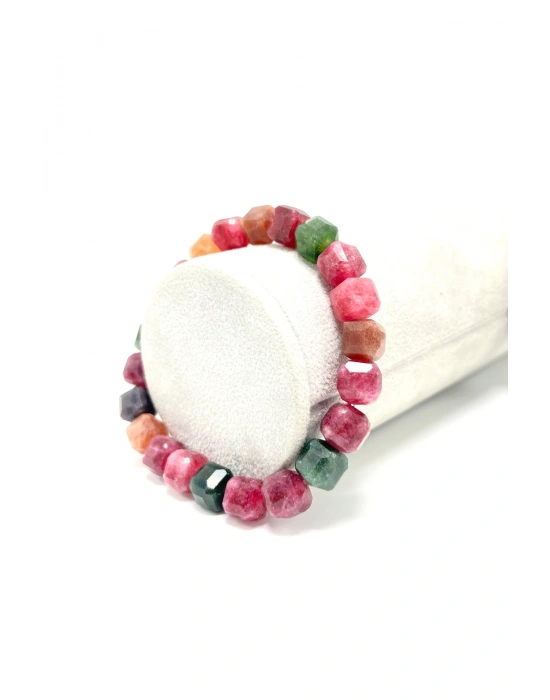 SERTİFİKALI Turmalin Küp Kesim Lastikli Doğal Taş Bileklik 8 mm