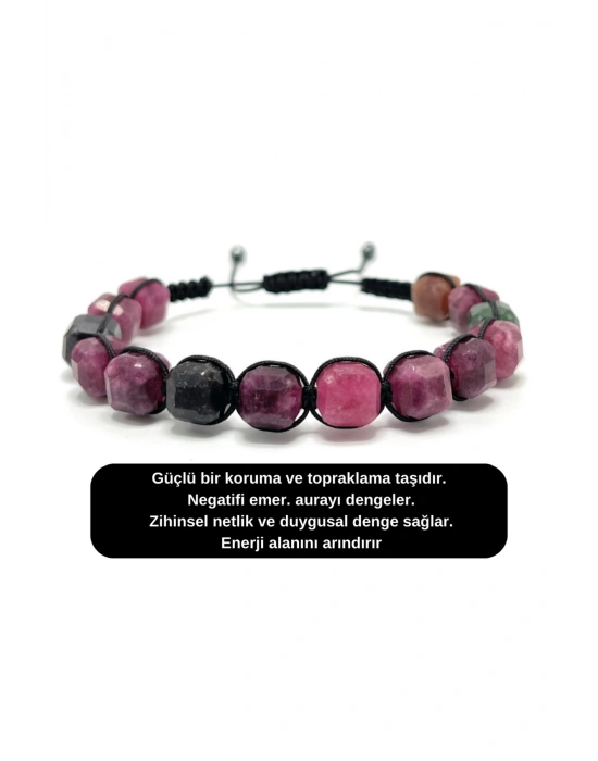 SERTİFİKALI Turmalin Küp Kesim Makrome Doğal Taş Bileklik 8 mm