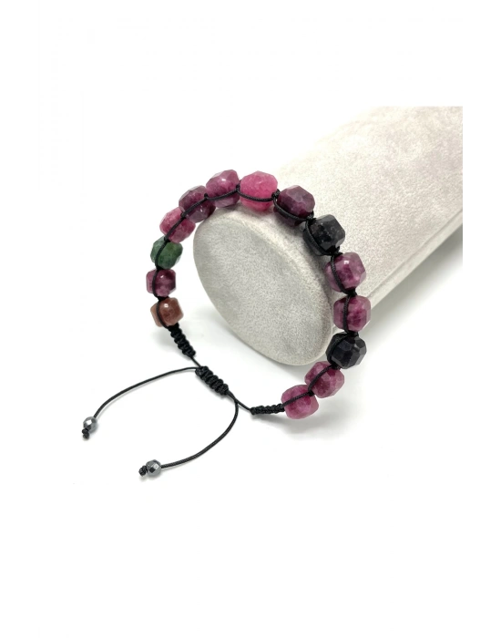 SERTİFİKALI Turmalin Küp Kesim Makrome Doğal Taş Bileklik 8 mm