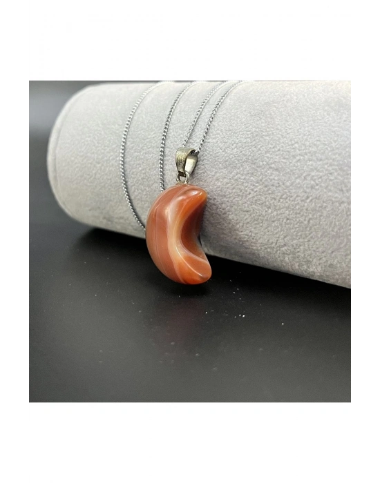 Sertifikalı Turuncu Akik Hilal Model Doğal Taş Kolye (KARARMAMA GARANTİLİ)