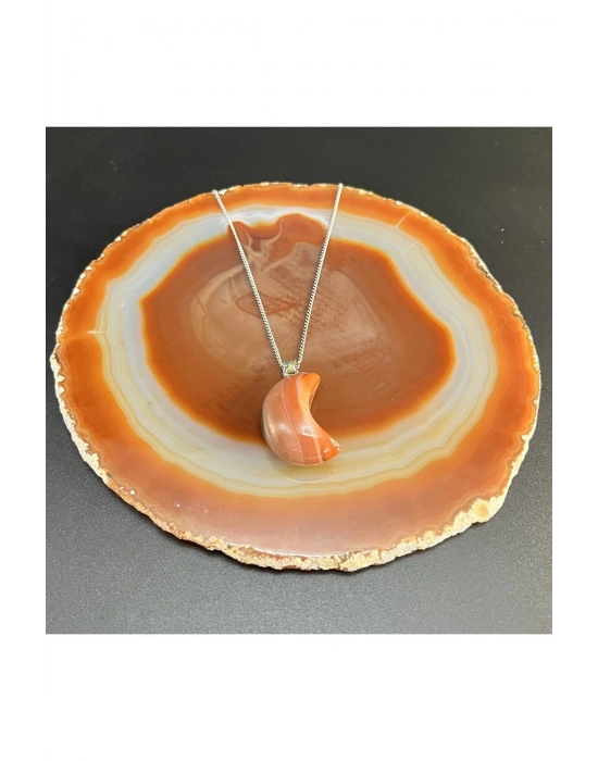 Sertifikalı Turuncu Akik Hilal Model Doğal Taş Kolye (KARARMAMA GARANTİLİ)