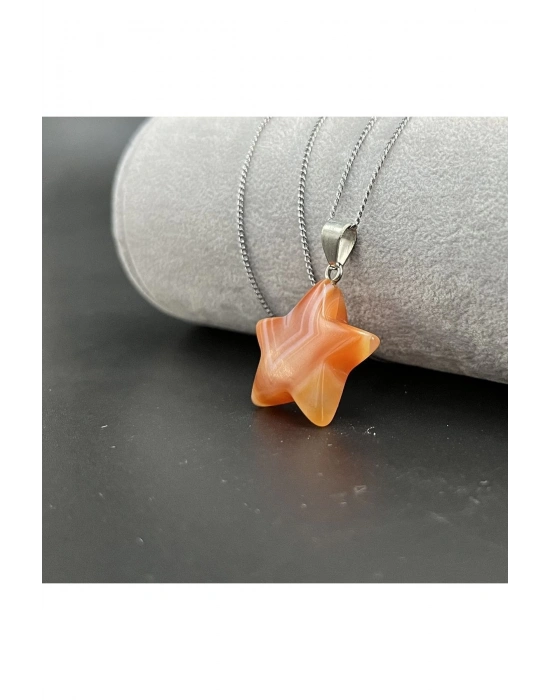 Sertifikalı Turuncu Akik Yıldız Model Doğal Taş Kolye (KARARMAMA GARANTİLİ)
