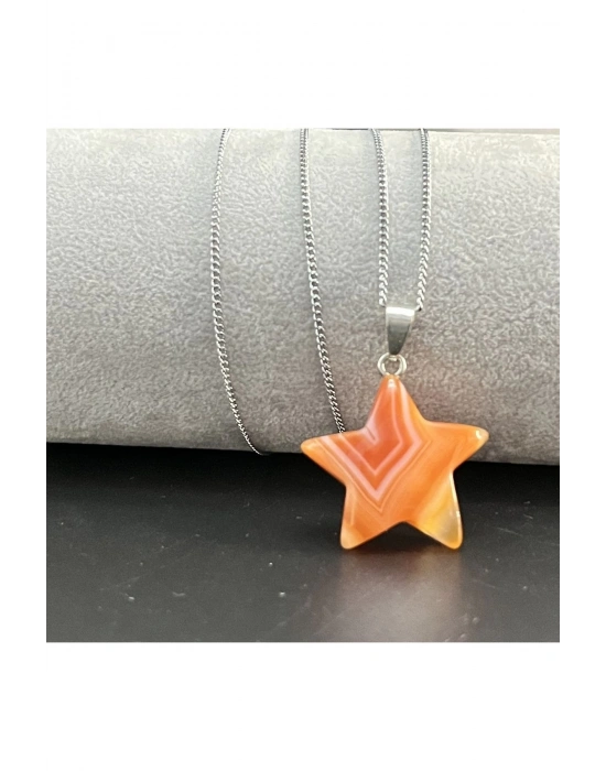 Sertifikalı Turuncu Akik Yıldız Model Doğal Taş Kolye (KARARMAMA GARANTİLİ)